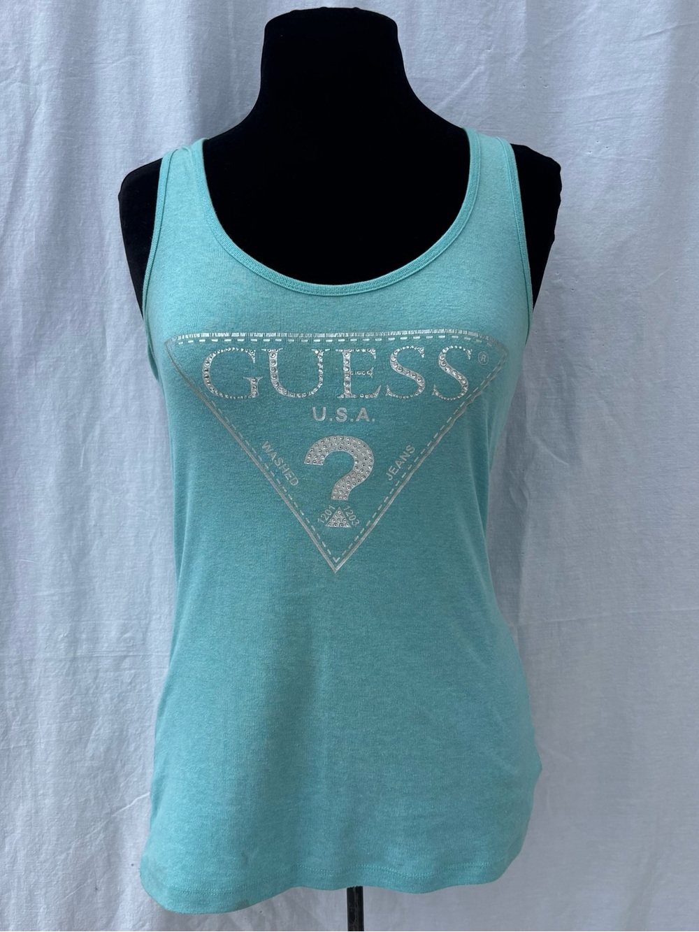 Guess Aqua Metalilic Rhinestone Logo Tank Y2K McBling Mall Glam Festival Top Lg
